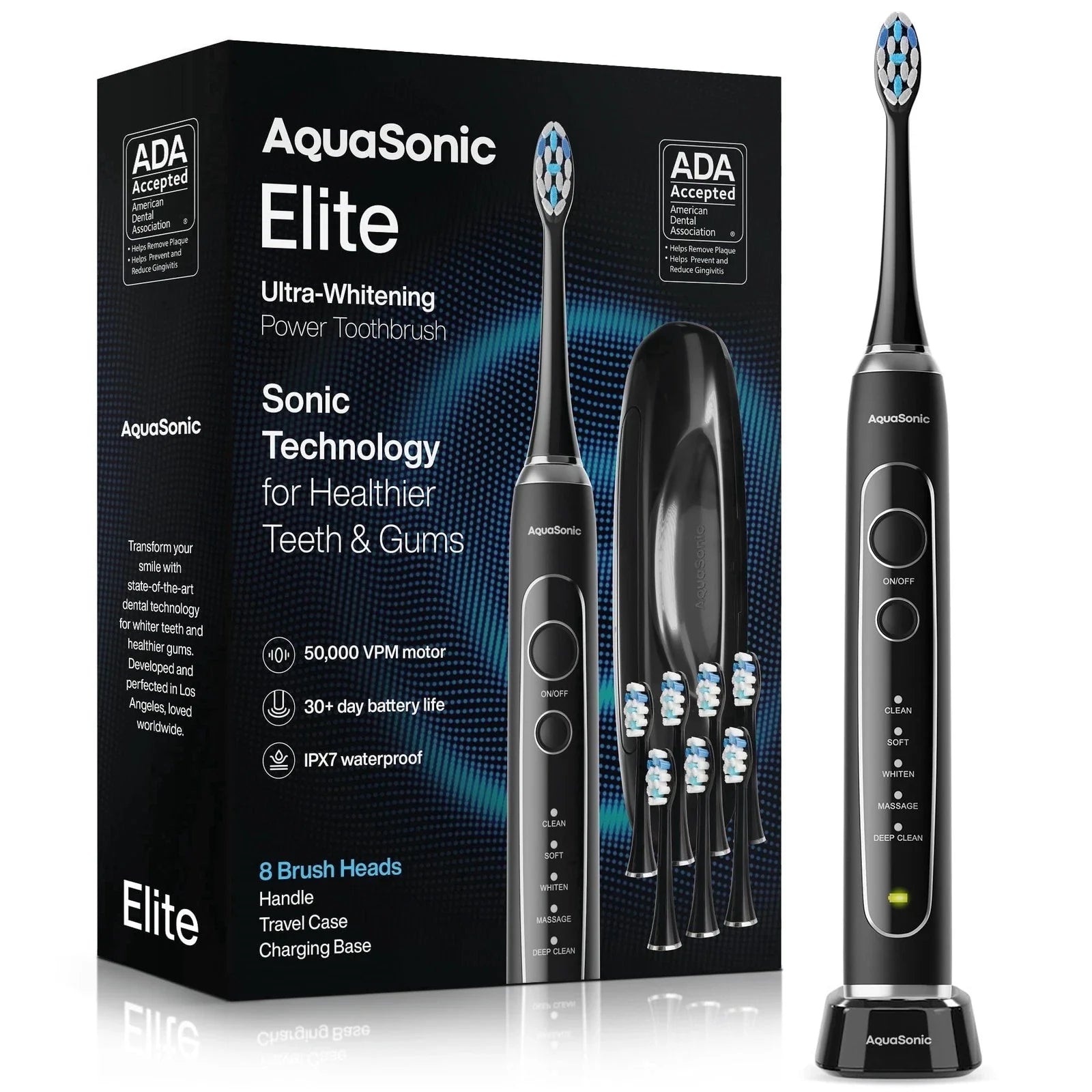 Elite Electric Toothbrush ADA Accepted 5 Modes 8 Heads Travel Case NEW